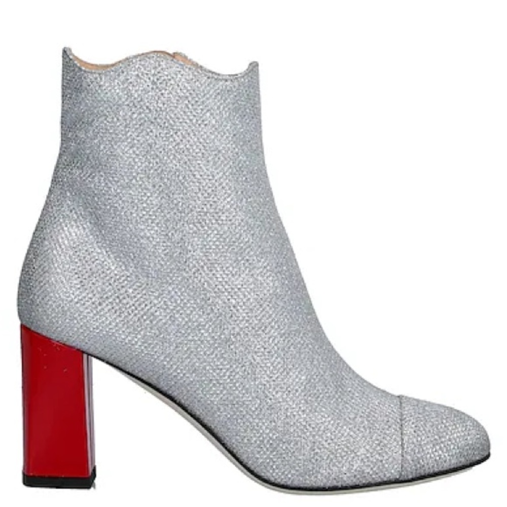 Sparkly Silver Ankle Boots with Red Heel